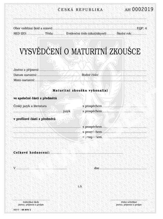 MV Maturitní vysvědčení, VL Výuční list, Diplom